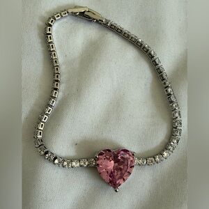 Pink Heart Silver Tennis Bracelet